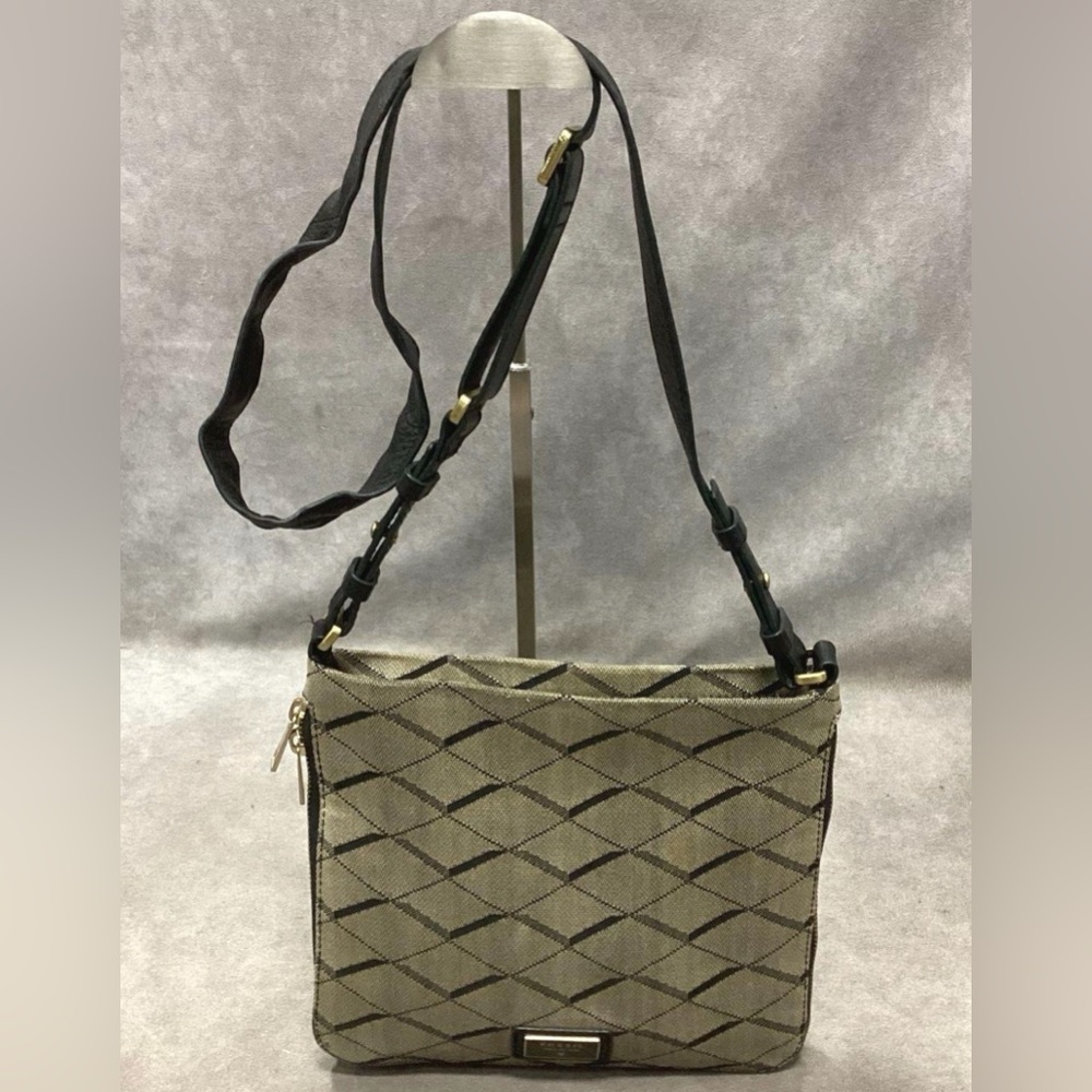 Fossil Preston Canvas Crossbody Purse Expandable Zipper Sides Geometric Pattern